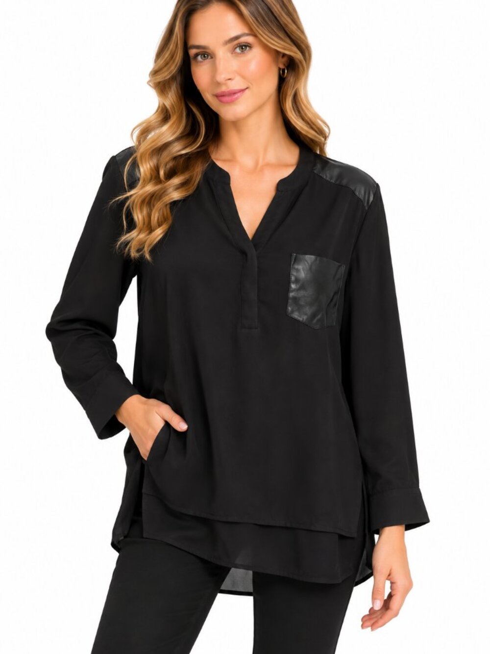 Ellen Tracy Black Faux Leather Trim Long Sleeve Blouse Top Size M NWT